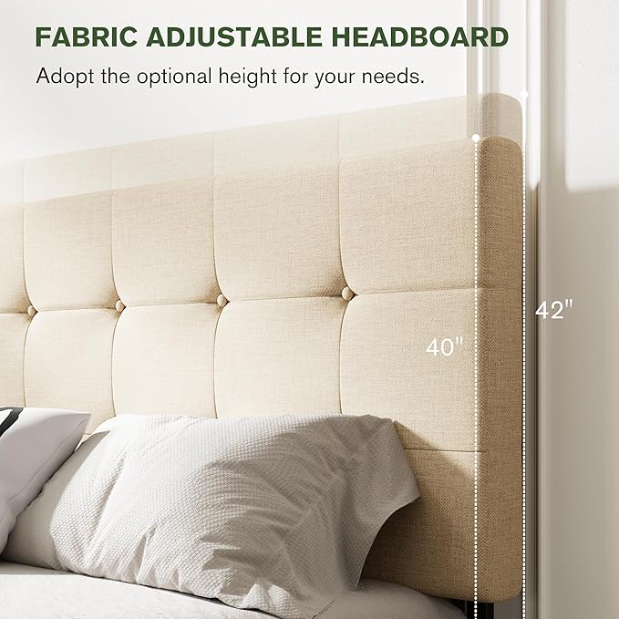 MUTICOR Full Size Bed Frame with 4 Storage Drawers, Upholstered Platform Bed with Button Tufted Adjustable Headboard, No Box Spring Needed, Easy Assembly, Square Tufted, Beige Fabric