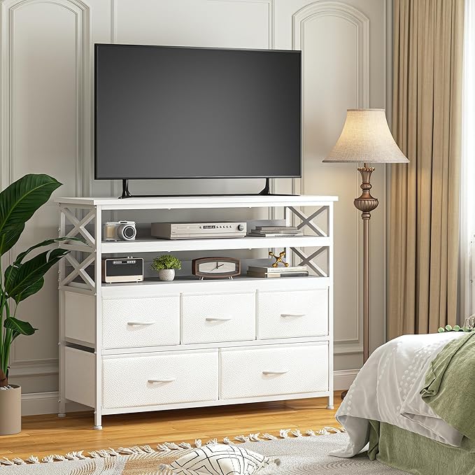 White Dresser TV Stand for 50" TV, Sturdy Dresser for Bedroom with 5 Fabric Drawers and Wood Open Shelves, Chest of Drawers Storage Dressers for Entryway, Closet, 11.8" D x 39.4" W x 38.4" H