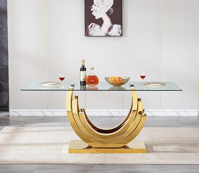 Goujxcy 70" Modern Glass Dining Table for 6-8, Luxury Gold Glass Dining Room Table with Mirrored Ring-Shape Stainless Steel Base, Rectangle Kitchen Dinner Tables for Dining Room Kitchen
