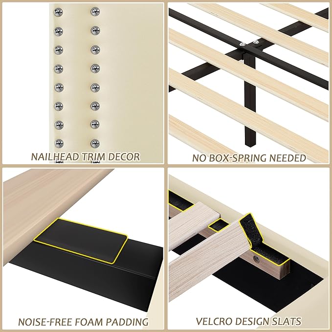 VECELO Full Size Bed Frame with Height Adjustable Upholstered Headboard, Wooden Slats Platform, Noise-Free Design, Easy Assembly