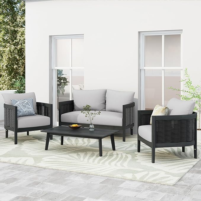 Merax 4-Piece Outdoor Acacia Wood Wicker Conversation Set with Loveseat,2 Chairs and Coffetable for Backyard Garden