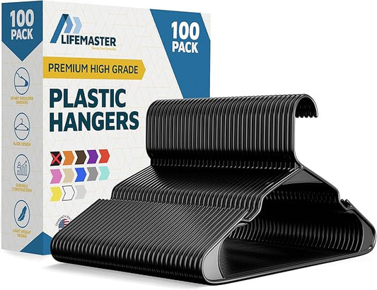 Plastic Clothes Hanger Set - 100 Pieces Versatile, Lightweight, Space-Saving, Non-Slip, Slim Designed, Dry and Wet Clothes Hanger Set - Black