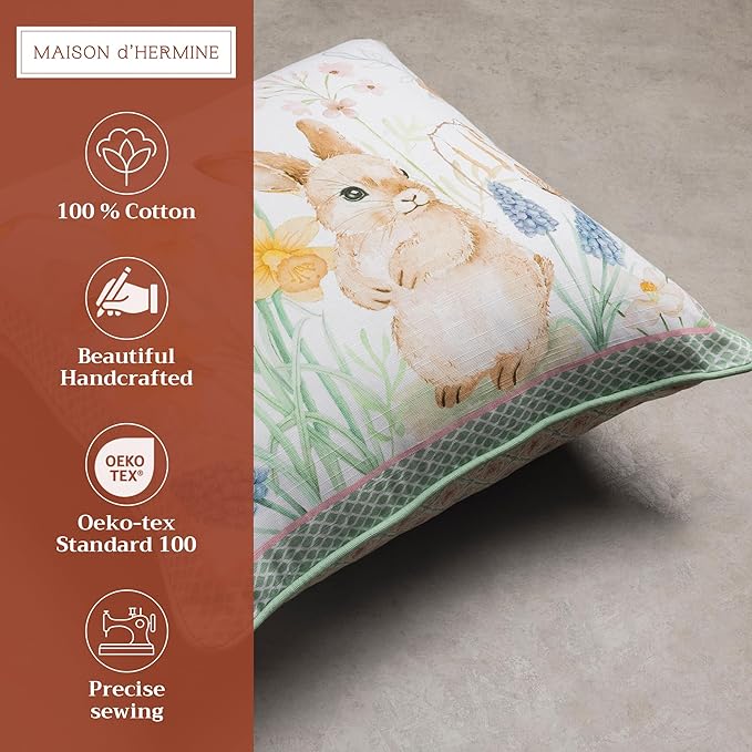 Maison d' Hermine Decorative Pillow Cover 100% Cotton 18 Inch x 18 Inch Square Toile Washable Cushion Covers with Invisible Zipper for Couch, Bedroom, Home,Easter Dew