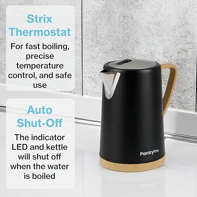 1.7L 1500W Wide Mouth Electric Kettle - Stainless Steel Interior - Rapid-Boil - Auto Shut-Off, Boil-Dry Protection, Cool-Touch, LED Indicator - Black by The Display Guys