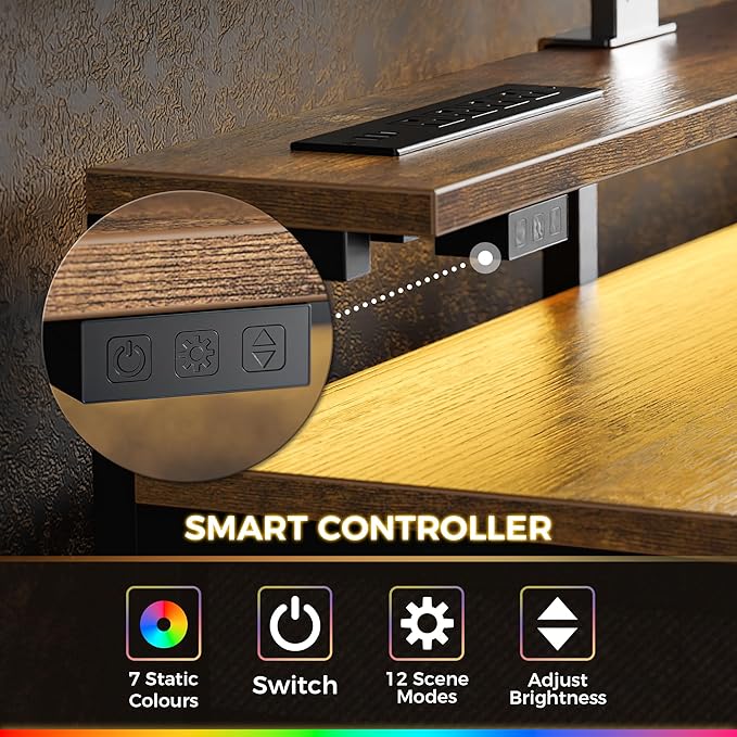 Huuger Gaming Desk with 6 Drawers, Computer Desk with LED Lights Power Outlets and Type-C, 39 Inch Office Desk with Storage, Monitor Stand, Writing Desk Work Desk Home Office, Study, Rustic Brown