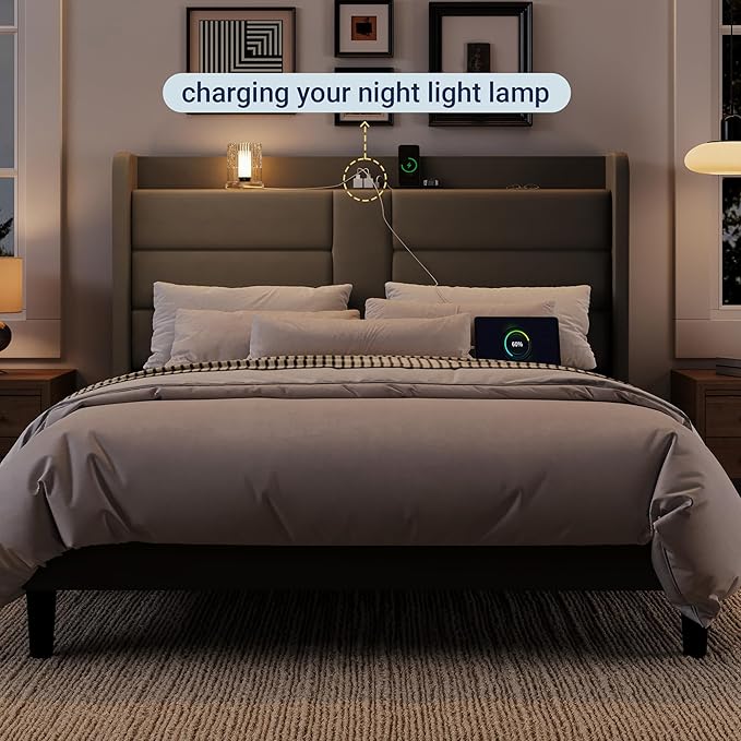 Allewie Full Size Platform Bed Frame with Charging Station & Storage Headboard, Upholstered Velvet Wingback Design & USB Port, Strong Wooden Slats Support, No Box Spring Needed, Easy Assembly, Grey