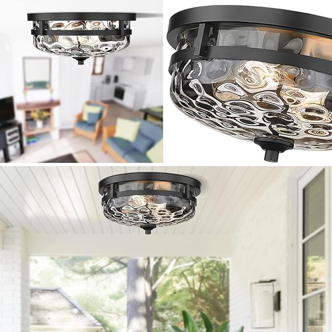 Casia Flush Mount Ceiling Lights, 2-Light Farmhouse Close to Ceiling Light, Hammered Glass Ceiling Light, Industrial Ceiling Lighting Fixture for Kitchen Hallway Living Room Stairwell (Black)