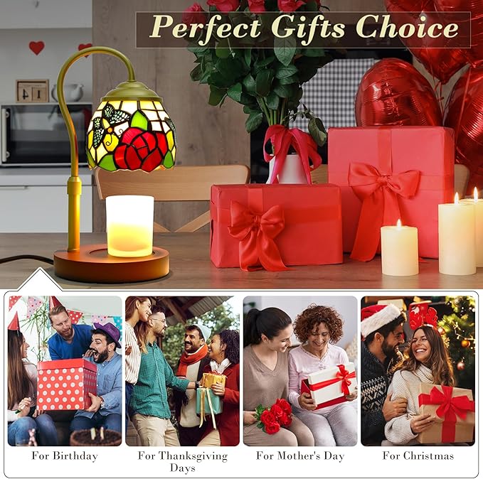 Candle Warmer Lamp with Timer Dimmer, Adjustable Height Candle Warmer for Jar Candles, Birthday Gifts for Women New Home Bedroom Decor Tiffany Butterfly Style Stained Glass with 2 Bulbs