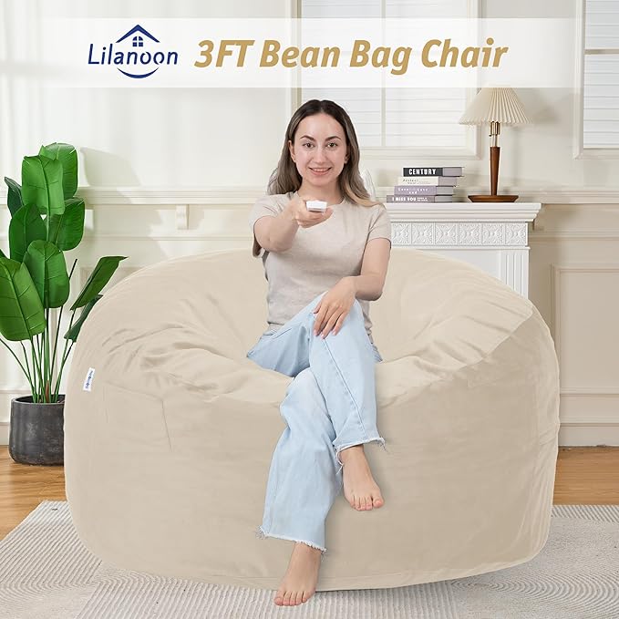 3FT Bean Bag Chair with Ultra Soft Velvet Cover Bean Bag Sofa with Memory Foam Bean Bag Chairs with Large Size Lazy Sofa for Dorm Office Living Room Bedroom Khaki 3'