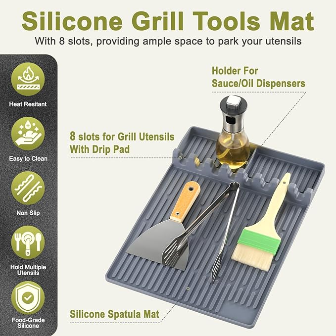 Silicone Grill Mat for Blackstone Silicone Griddle Tools Mat with Drip Pad Grill Pad for Outdoor Grill Kitchen Countertop (Gray)