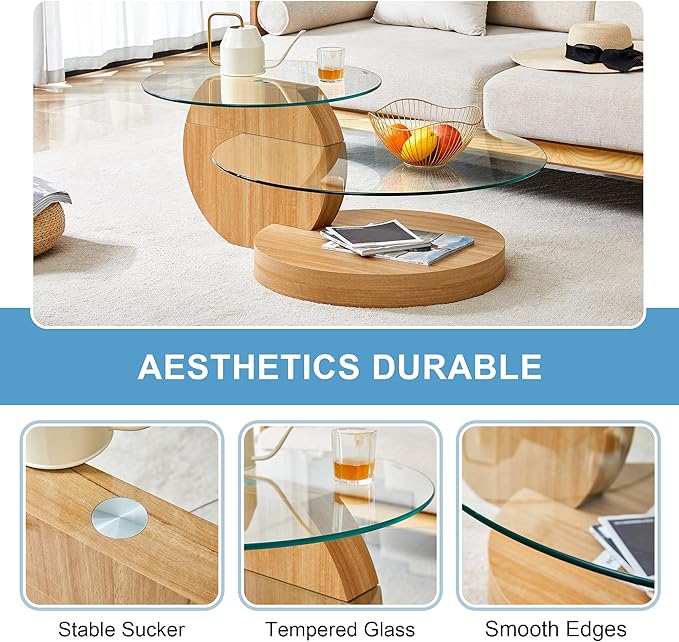Coffee Tables for Living Room - Round Glass Coffee Table with Wooden Base Mid-Century Modern End Table 3-Tier Round Coffee Table for Living Room, Office, Balcony (42″ Oak)