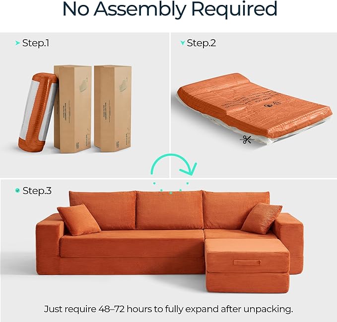 LINSY HOME Modular Sectional Sleeper Sofa Convertible Sofa Bed with 2 Pillows & Ottoman, L Shaped Folding Sofas Corduroy Couch Bed Compression Floor Sofa for Living Room Apartment (Orange)