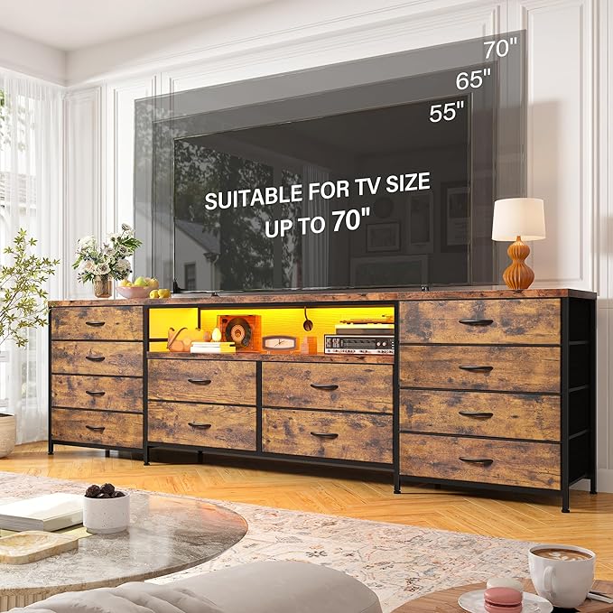 Fits 65,70 inch TV Stand Dresser 63" W TV Console for Bedroom with LED Lights & Power Outlets 12 Long Fabric Dressers for Bedroom, Hallway or Closets Entertainment Center