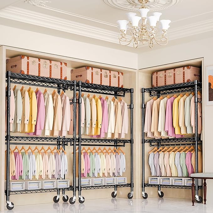 Heavy Duty Rolling Garment Rack 3 Tiers Adjustable Wire Shelving Clothes Rack with 2 Rods and Side Hooks, Storage Closet Clothing Rack with Wheels Black 17.7" D x 47.2" W x 83.6" H