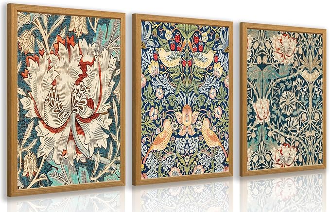 FASWQ Wood Framed William Morris Wall Art, Nouveau Vintage Botanical Wall Decor, Retro Intricate Floral Animal Canvas Painting, Retro Natural Flower Bird Poster Print for Living Room Bedroom 12"x16"x3