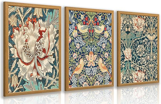 FASWQ Wood Framed William Morris Wall Art, Nouveau Vintage Botanical Wall Decor, Retro Intricate Floral Animal Canvas Painting, Retro Natural Flower Bird Poster Print for Living Room Bedroom 16"x24"x3