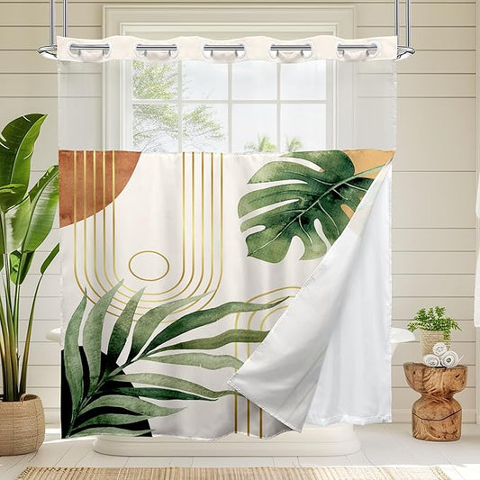Glawry No Hook Shower Curtain with Snap in Liner, Boho Green Modern Mid Century Tropical Palm Leaf Abstract See Through Mesh Top Window Curtains 70Wx72L Inches Bath Accessories Art Home Decor Fabric