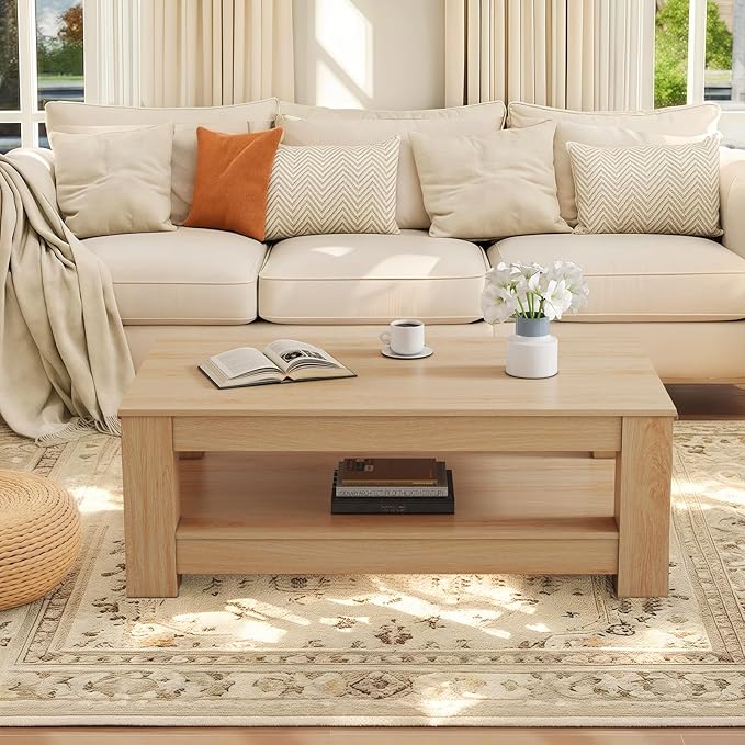 43.3" Coffee Table with Storage, 2-Tier Mid Century Rectangular Accent Table with Thick Tabletop, Rustic Style Cocktail, Center Table for Living Room, Office, Apartment (Natural Wood)