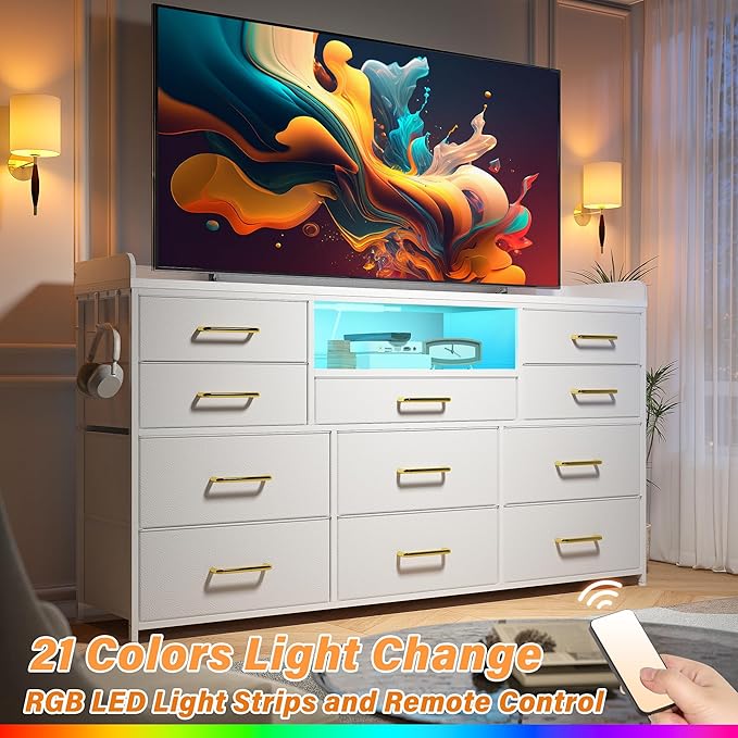 EnHomee Dresser TV Stand with 11 Drawers for 60" TV Stand for Bedroom with LED Lights & Power Outlets Long Dresser for Bedroom with Shelves & 4 Hooks Sturdy Metal Frame & Wood Top, White