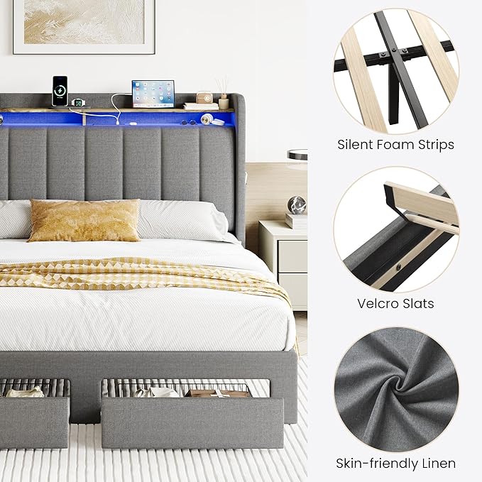 SHA CERLIN Full Size Platform Bed Frame with Vertical Channel Tufted Wingback Headboard & 2 Storage Drawers/2-Tier Shelves with LED Lights & Charging Station/Noise-Free/No Box Spring Needed/Dark Grey