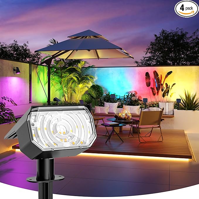Color Changing Solar Spot Lights Outdoor, 9 Modes Colored RGB Solar Lights, IP67 Waterproof Landscape Spotlights for Holidays