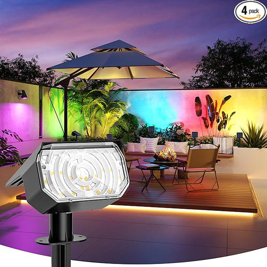 Color Changing Solar Spot Lights Outdoor, 9 Modes Colored RGB Solar Lights, IP67 Waterproof Landscape Spotlights for Holidays