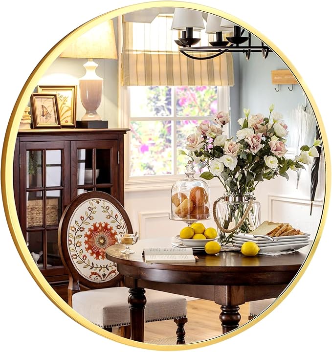 24 Inch Round Mirror - Circle Mirrors for Bathroom, Entryway and Living Room Wall Decor, Modern Hanging Vanity Mirror, Matte Gold Circle Decorative Wall Mirror