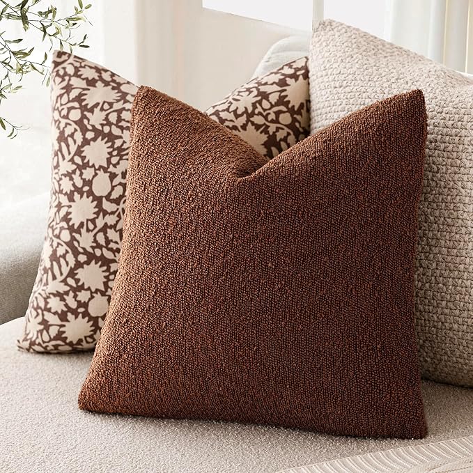 Foindtower Set of 2, Decorative Textured Boucle Throw Pillow Covers Accent Solid Pillow Cases Neutral Soft Cozy Couch Cushion Case for Chair Sofa Bedroom Living Room Home Decor 26x26 Inch Red Taupe