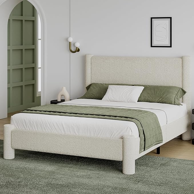 Queen Size Bed Frame, Boucle Upholstered Platform Bed with Headboard and Footboard, Soft Rounded Corners, No Box Spring Required, Easy Assembly, Cream