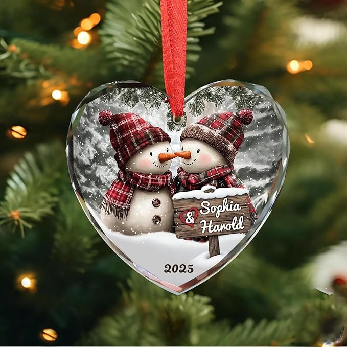 NAZENTI Personalized Snowman Couple Ornament 2025, Custom Glass Christmas Ornaments with Names, Snowman Lovers Holiday Decoration, Romantic Gift for Couples Newlyweds Keepsake 03