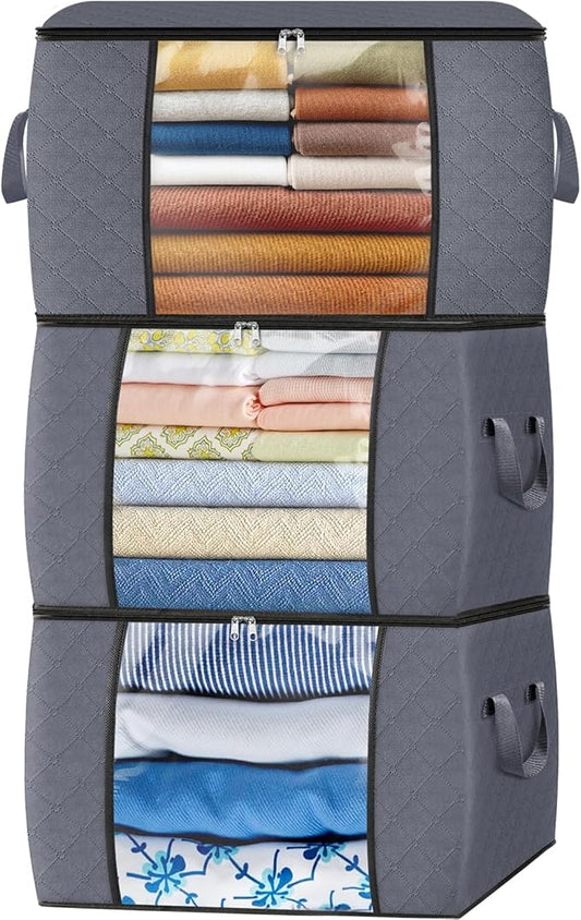 Fab totes 90L Clothes Storage, Foldable Thick Fabric Blanket Storage Bags, Containers for Organizing Bedroom, Closet, Clothing, Comforter, Organization with Handle (3 Pack,Grey)