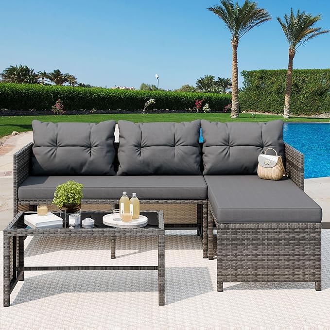 Vongrasig 3 Piece Patio Furniture Sets, All-Weather Wicker Outdoor Sofa Couch Sectional Set, Small Conversation Set for Patio, Garden w/Cushion, Glass Table, (Grey)