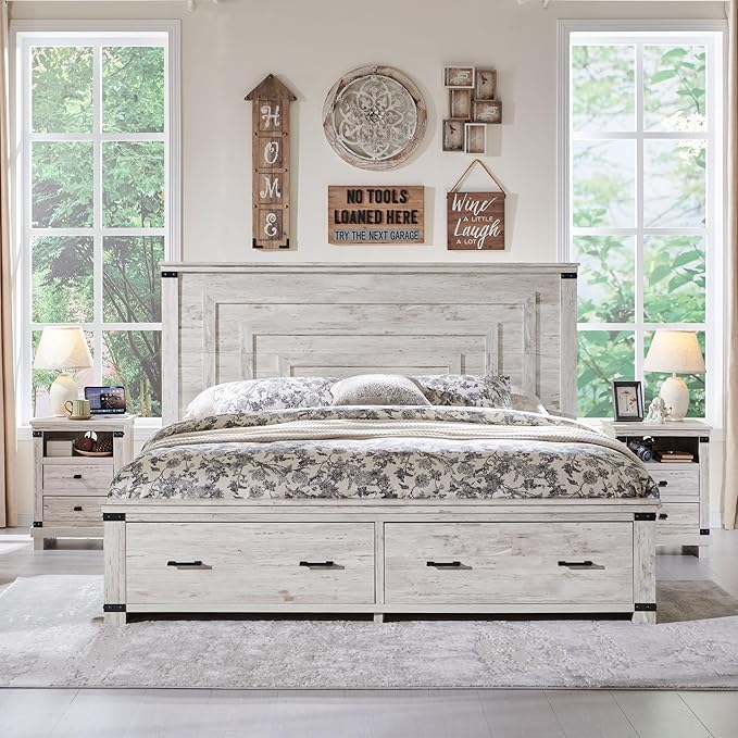 T4TREAM Farmhouse Queen Size Bed Frame with 54" Tall Geometric Headboard & 2 Large Storage Drawers, Rustic Wood Platform Bed with Wood Slats Support, No Box Spring Needed, Antique Brushed White