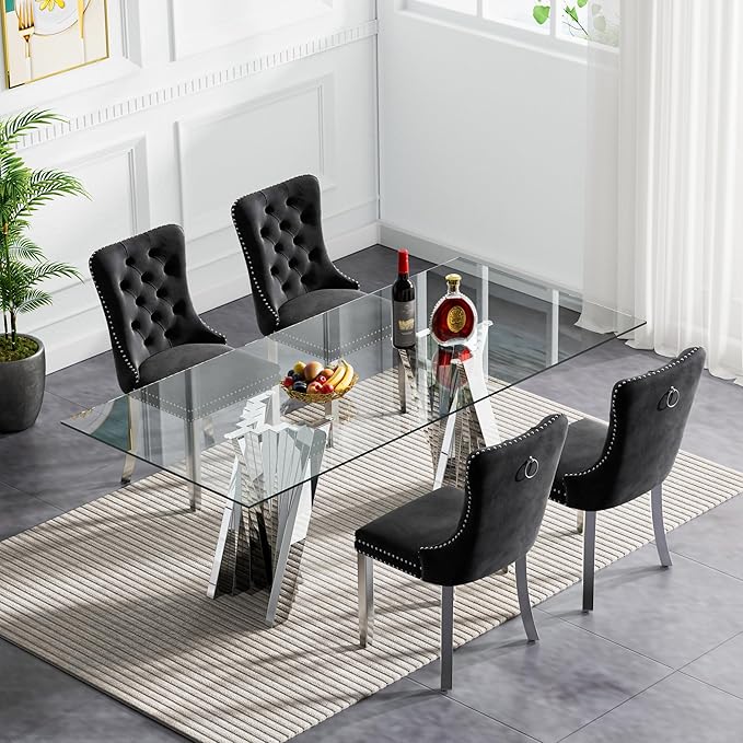 Goujxcy Modern 5 Piece Glass Dining Table Set Luxury Glass Kitchen Table and Chair Set for 4, 70" Large Rectangular Dining Room Table with 4 Tufted Chairs and Stainless Steel Legs (Silver & Black)