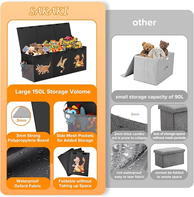Extra Large Toy Box Chest, Collapsible Sturdy Toy Storage Organizer Boxes Bins Baskets Dinosaur Kids Toy Chest Bin with Lids for Boys Girls Living Room Playroom Bedroom Nursery 41"x14"x16" Black