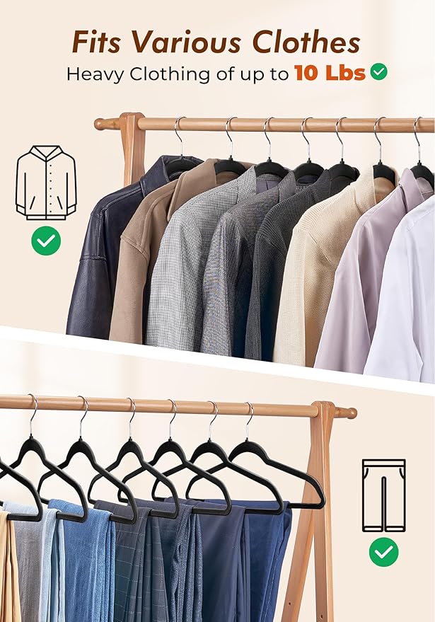 HOUSE DAY Black Velvet Hangers 50 Pack - Non Slip Felt Hangers Closet Essentials, Premium Space Saving Hanger, Gentle on Clothes, Sturdy Shoulder Design