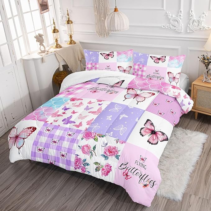 Kids Comforter Set Mermaid Scale Butterfly Printed Pattern Bedding Set with 1 Comforter and 2 Pillowcases for Girls Boys Bedroom All Season(Mermaid1 Twin)