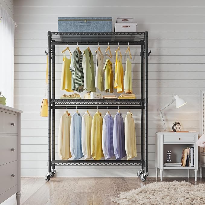 VIPEK R2 Plus Heavy Duty Rolling Garment Rack 3 Tiers Adjustable Wire Shelving Clothes Rack with Double Rods and Side Hooks, Freestanding Wardrobe Storage Rack Metal Clothing Rack, Black