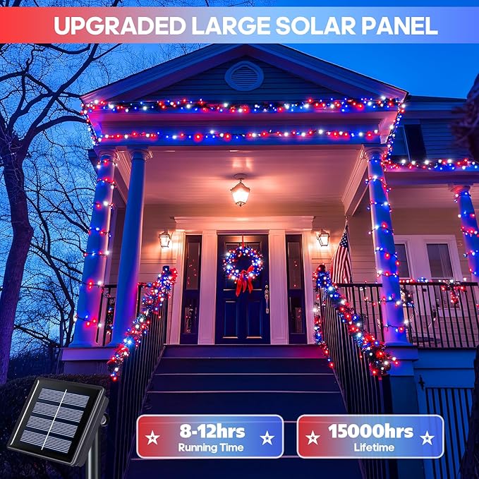 JMEXSUSS 2 Pack Red White and Blue Solar Lights, 200LED 75.5ft Patriot Solar String Lights Outdoor Waterproof, 8 Modes 4th of July Light for Independence Day Patio Garden Tree Decorations