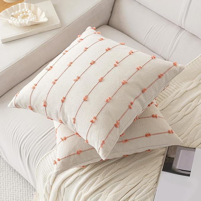 Boho Throw Pillow Covers 20x20 Set of 2 Modern Farmhouse Decorative Cushion Case Tufted Linen Square Pillows Cover Neutral Pillow Cases Accent Pillowcase for Sofa,Couch,Bed,Beige and Pink