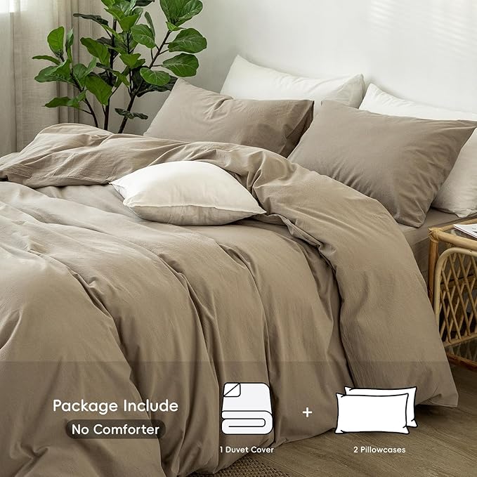 MooMee Bedding Duvet Cover Set 100% Washed Cotton Linen Like Textured Breathable Durable Soft Comfy (Solid Light Camel, Oversized King Plus 128"x120")