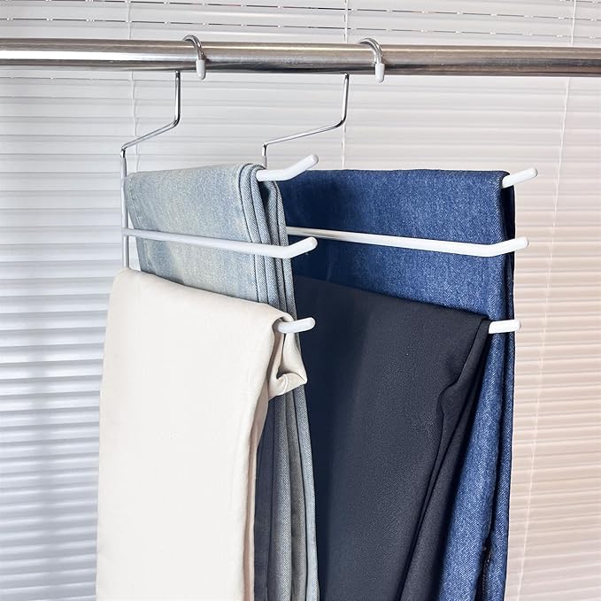 Pants Hangers 4 Pack, Multi Hangers for Pants and Jean 3 Tier Non Slip Metal Pants Hangers Space Saving, Clothes Closet Storage Organizer for Pants Jeans Skirts Tie Trousers Scarf