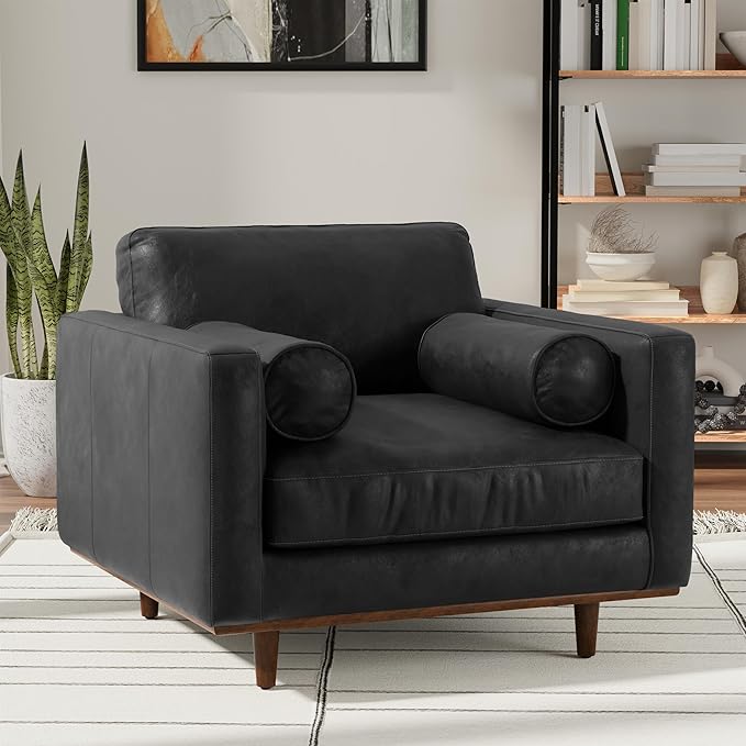 SIMPLIHOME Morrison Accent Chair - 43 inch Wide Upholstered Top Grain Genuine Leather Mid-Century Modern Arm Chair with Solid Wood Frame in Lead Black, for Living Room with 2 Bolster Pillows