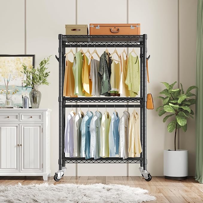 VIPEK R2 Heavy Duty Rolling Garment Rack 3 Tiers Adjustable Clothes Rack with Double Rods & Hooks, Freestanding Wardrobe Closet Storage Rack Metal Clothing Rack for Hanging Clothes, Black