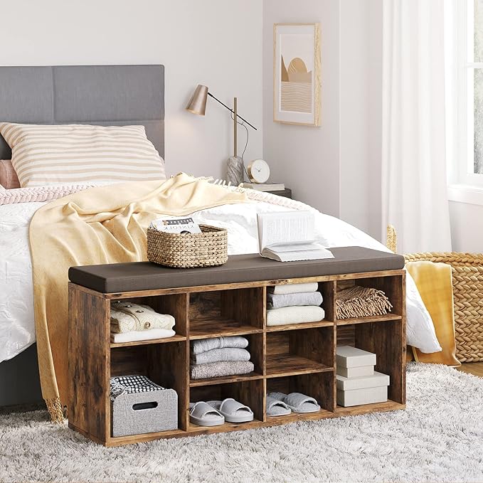 DINZI LVJ Shoe Storage Bench with Cushion, Cubby Shoe Rack with 12 Cubbies, Adjustable Shelves, Multifunctional Shoe Organizer Bench for Entryway, Mudroom, Hallway, Closet and Garage, Rustic Brown