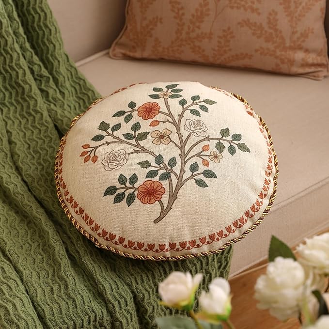 Design Linen Classic Throw Pillow Covers Diameter 16", French Farmhouse Round Cushion Covers with Orange White Floral Pattern Decor Pillowcases for Bed,Living Room,Outdoor,Car