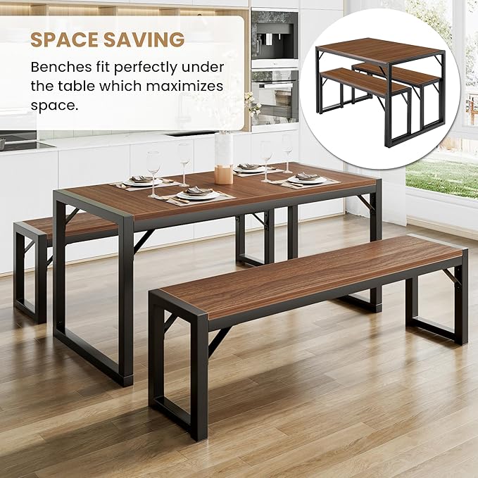 SHA CERLIN Kitchen Dining Table Set for 4 with Benches, Rustic Small Space Saving Dinette, Heavy Duty Metal Frame
