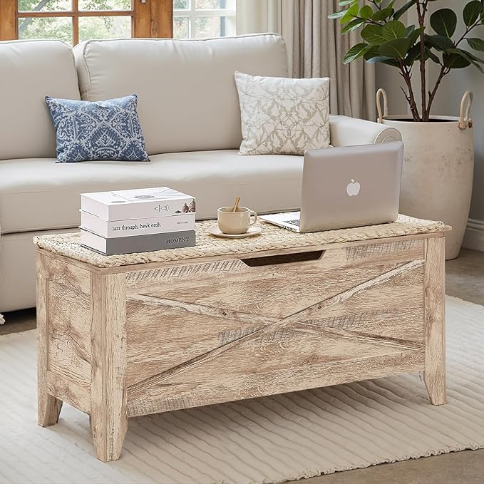 VECELO 43.3" Farmhouse Style Storage Bench, Entryway Shoe Ottoman, with Handwoven Cushion, with Metal Safety Hinges, for Bedroom, Living Room, Entryway, Light Wood