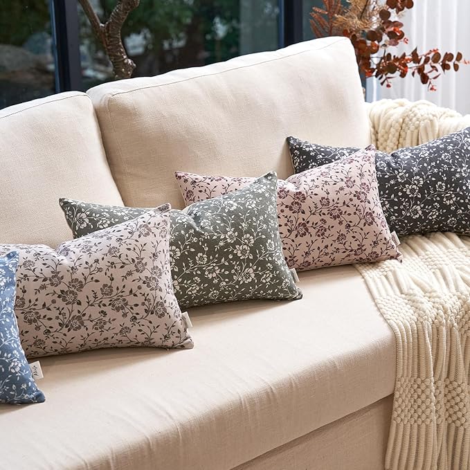 Alerfa Set of 2 Floral Lumbar Pillow Covers 12x20, Vintage Block Print Throw Pillow Covers Decorative Farmhouse Accent Couch Pillows for Living Room Bedroom, Black