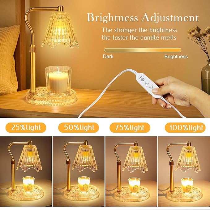 Crystal Candle Warmer Lamp with Timer, Adjustable Height Glass Candle Light, Vintage Electric Wax Melt Warmer with Dimmer, Home Fragrance Décor and House Warming Birthday Gifts for Women Mom